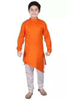 Orange Self Design Cotton Boys Cut Kurta Pajama Set