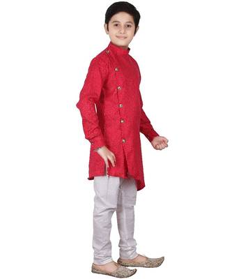 Pink Self Design Cotton Boys Cut Kurta Pajama Set 1