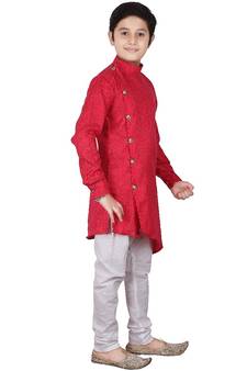 Pink Self Design Cotton Boys Cut Kurta Pajama Set