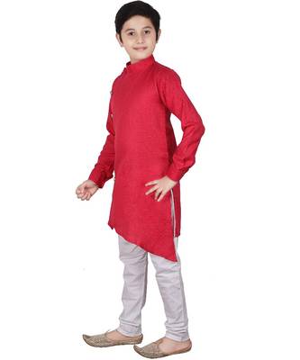 Pink Self Design Cotton Boys Cut Kurta Pajama Set 2
