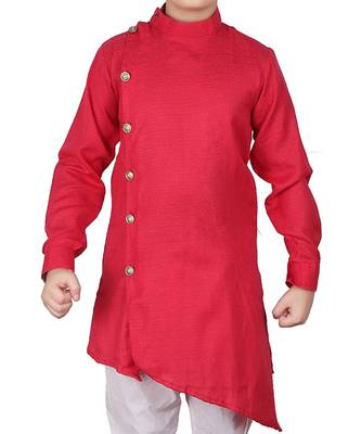 Pink Self Design Cotton Boys Cut Kurta Pajama Set 3