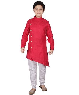 Pink Self Design Cotton Boys Cut Kurta Pajama Set 4