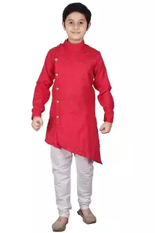 Pink Self Design Cotton Boys Cut Kurta Pajama Set