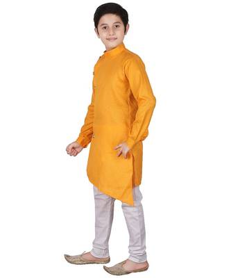 Yellow Self Design Cotton Boys Cut Kurta Pajama Set 1