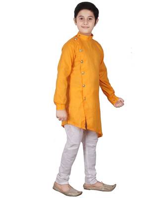 Yellow Self Design Cotton Boys Cut Kurta Pajama Set 2