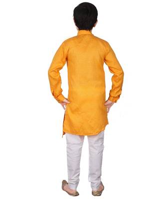Yellow Self Design Cotton Boys Cut Kurta Pajama Set 3