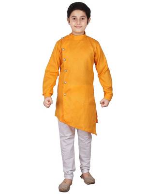 Yellow Self Design Cotton Boys Cut Kurta Pajama Set 4