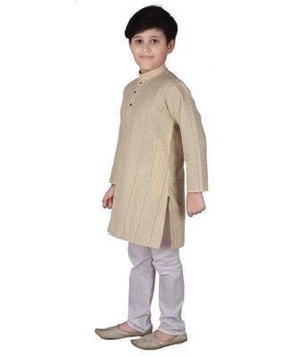 Beige Stripe Cotton Boys Kurta Pajama Set 1