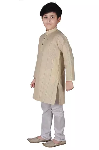 Beige Stripe Cotton Boys Kurta Pajama Set