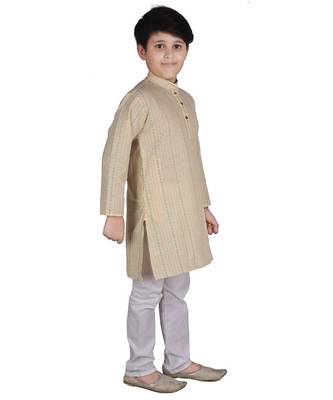 Beige Stripe Cotton Boys Kurta Pajama Set 2
