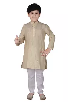 Beige Stripe Cotton Boys Kurta Pajama Set