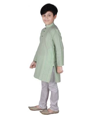 Light Green Stripe Cotton Boys Kurta Pajama Set 1