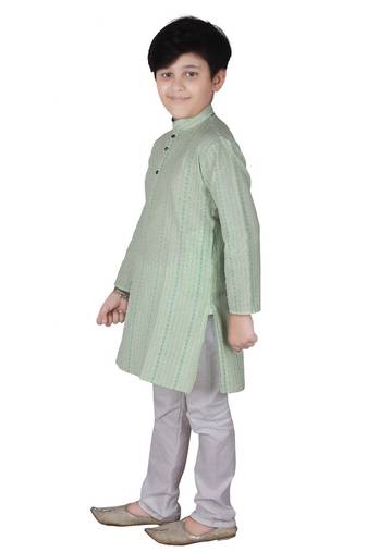 Light Green Stripe Cotton Boys Kurta Pajama Set