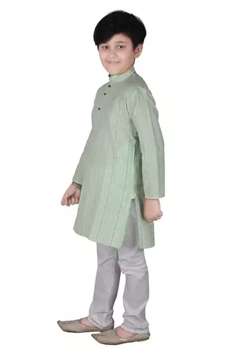 Light Green Stripe Cotton Boys Kurta Pajama Set