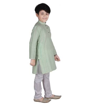 Light Green Stripe Cotton Boys Kurta Pajama Set 2