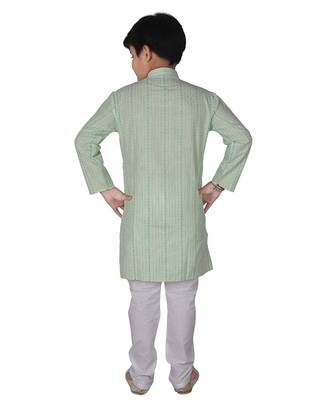 Light Green Stripe Cotton Boys Kurta Pajama Set 3