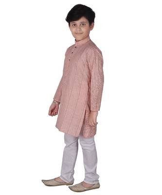 Peach Stripe Cotton Boys Kurta Pajama Set 2