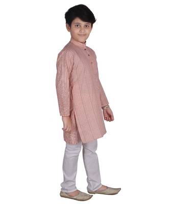 Peach Stripe Cotton Boys Kurta Pajama Set 1