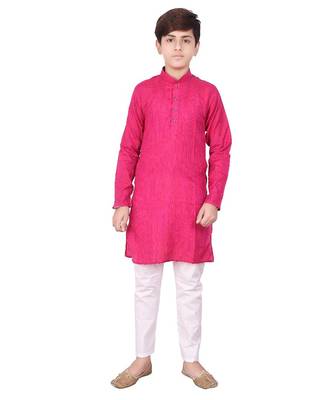 Pink Stripe Cotton Boys Kurta Pajama Set 1