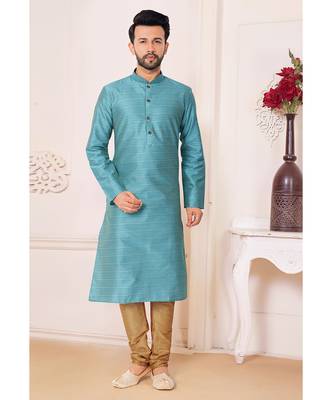Blue plain dupion silk kurta-pajama 1