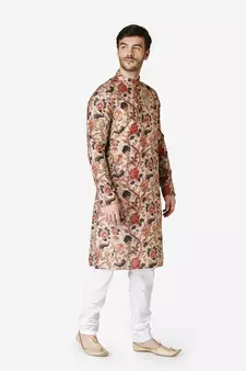 floral print kurta and churidar set for men