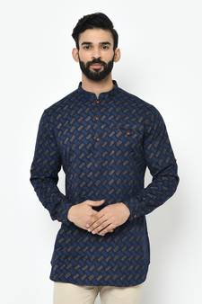 Blue printed blended cotton men-kurtas