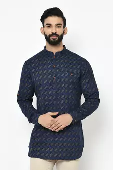 Blue printed blended cotton men-kurtas