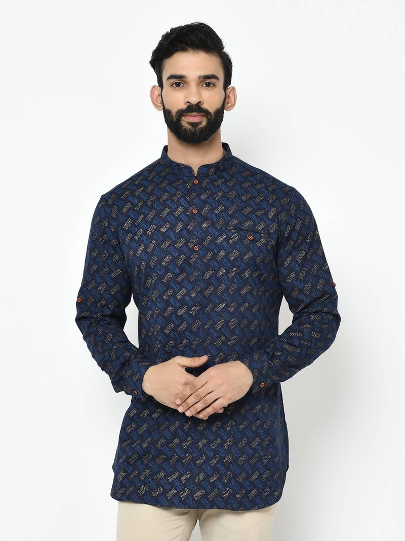 Blue printed blended cotton men-kurtas