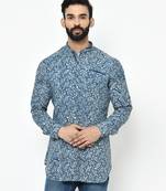 Blue printed blended cotton men-kurtas