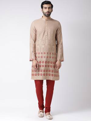 Beige printed blended cotton men-kurtas 1