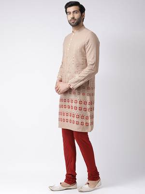 Beige printed blended cotton men-kurtas 2