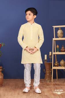 Boy's Yellow Embroidered Georgette Kurta Churidar