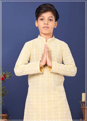 Boy's Yellow Embroidered Georgette Kurta Churidar 7