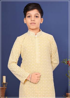 Boy's Yellow Embroidered Georgette Kurta Churidar 7
