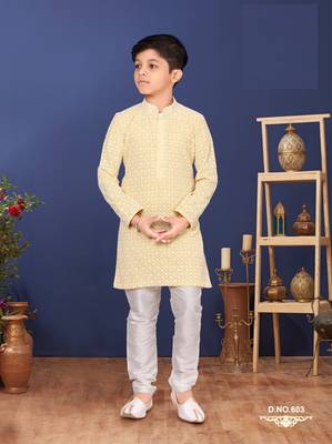 Boy's Yellow Embroidered Georgette Kurta Churidar 8