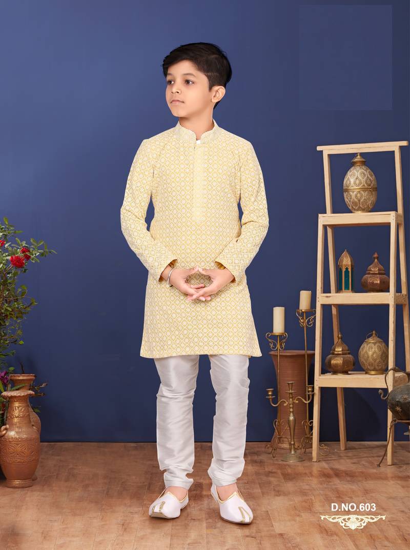 Boy's Yellow Embroidered Georgette Kurta Churidar