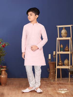 Boy's Pink Embroidered Georgette Kurta Churidar 1