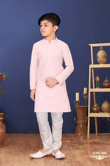 Boy's Pink Embroidered Georgette Kurta Churidar