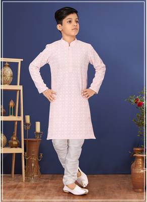 Boy's Pink Embroidered Georgette Kurta Churidar 1