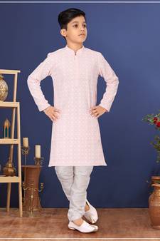 Boy's Pink Embroidered Georgette Kurta Churidar