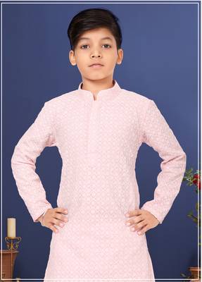 Boy's Pink Embroidered Georgette Kurta Churidar 6