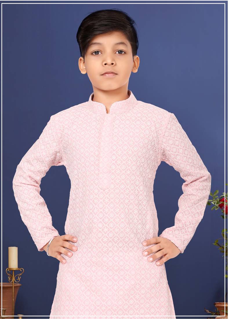 Boy's Pink Embroidered Georgette Kurta Churidar