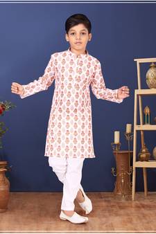 Boy's Off White Cotton Printed Kurta Churidar