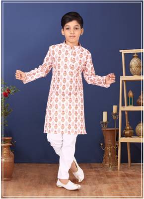 Boy's Off White Cotton Printed Kurta Churidar 1