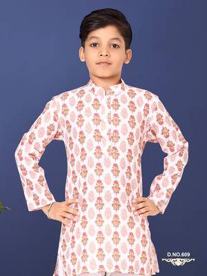 Boy's Off White Cotton Printed Kurta Churidar 7