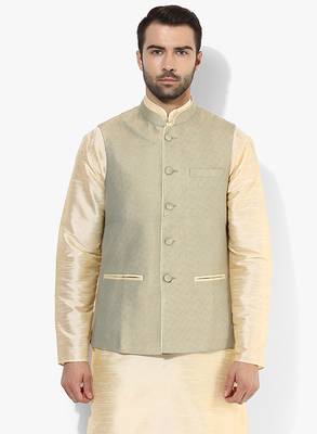 Beige printed blended cotton nehru-jacket 1
