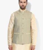 Beige printed blended cotton nehru-jacket