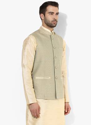 Beige printed blended cotton nehru-jacket 2