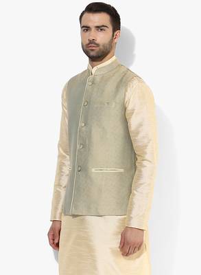 Beige printed blended cotton nehru-jacket 3
