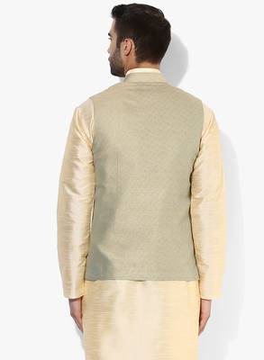 Beige printed blended cotton nehru-jacket 4